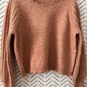 FRYE Women’s Scalloped Wool Blend Sweater with Puffed Cableknit Sleeves Size S